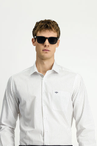  Koyu Lacivert Uzun Kol Klasik Cepli Çizgili Pamuklu Kolay Ütülenebilir Gömlek