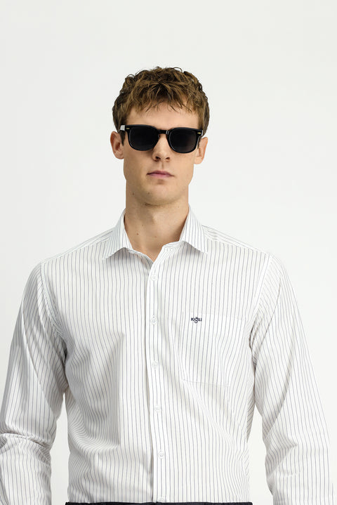 Koyu Lacivert Uzun Kol Klasik Cepli Çizgili Pamuklu Kolay Ütülenebilir Gömlek