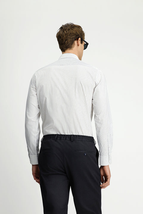 Koyu Lacivert Uzun Kol Klasik Cepli Çizgili Pamuklu Kolay Ütülenebilir Gömlek