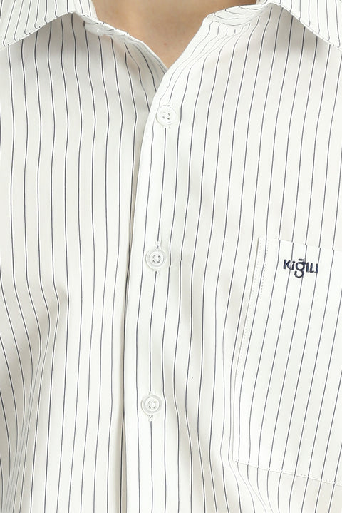 Koyu Lacivert Uzun Kol Klasik Cepli Çizgili Pamuklu Kolay Ütülenebilir Gömlek