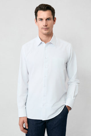  Kırık Beyaz Uzun Kol Klasik Çizgili Pamuklu Kolay Ütülenebilir Gömlek