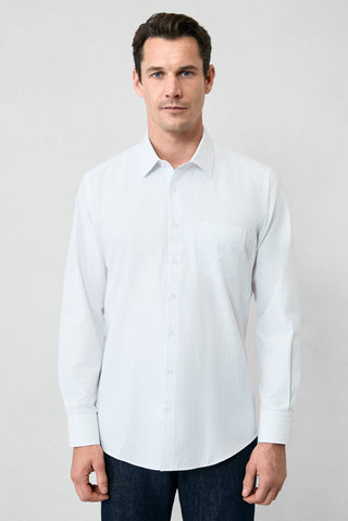  Kırık Beyaz Uzun Kol Klasik Çizgili Pamuklu Kolay Ütülenebilir Gömlek