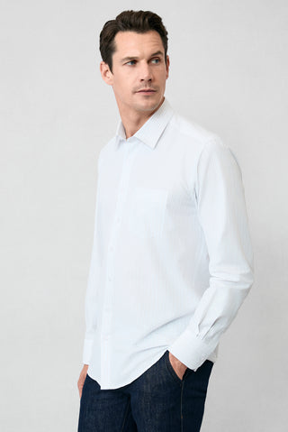  Kırık Beyaz Uzun Kol Klasik Çizgili Pamuklu Kolay Ütülenebilir Gömlek