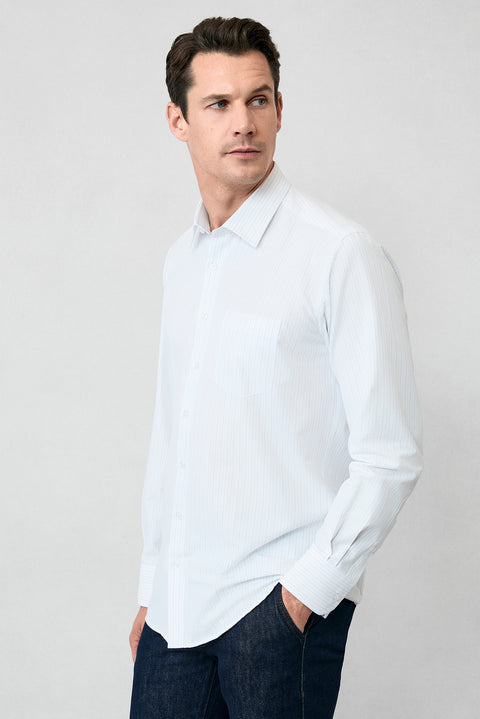 Kırık Beyaz Uzun Kol Klasik Çizgili Pamuklu Kolay Ütülenebilir Gömlek