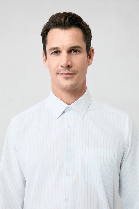 Kırık Beyaz Uzun Kol Klasik Çizgili Pamuklu Kolay Ütülenebilir Gömlek