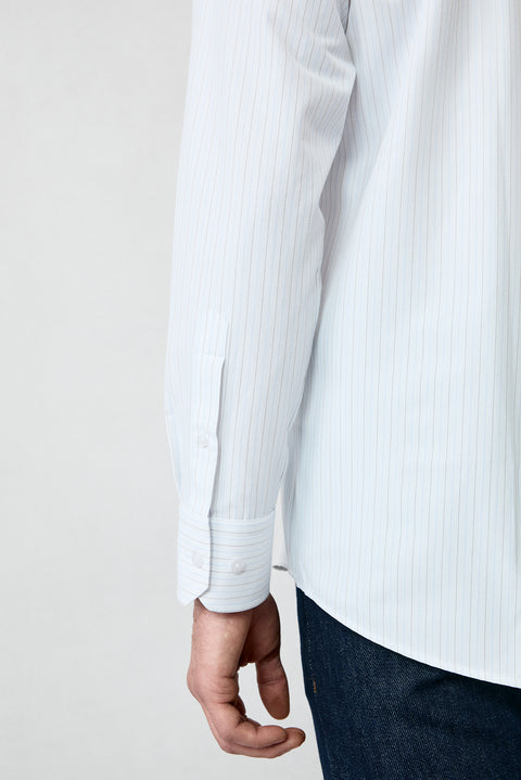 Kırık Beyaz Uzun Kol Klasik Çizgili Pamuklu Kolay Ütülenebilir Gömlek