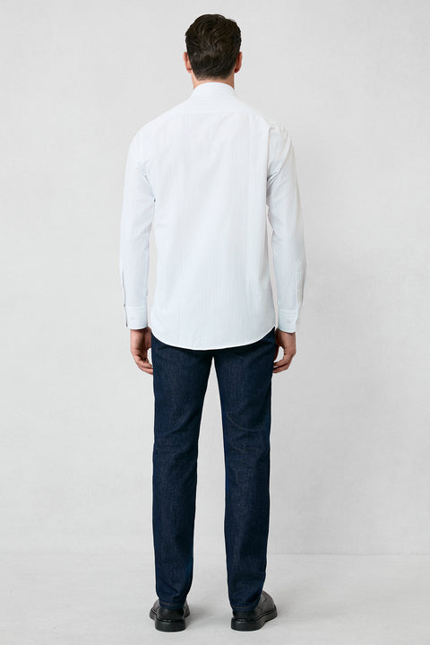 Kırık Beyaz Uzun Kol Klasik Çizgili Pamuklu Kolay Ütülenebilir Gömlek