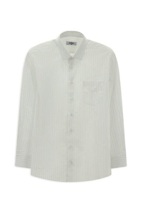 Kırık Beyaz Uzun Kol Klasik Çizgili Pamuklu Kolay Ütülenebilir Gömlek