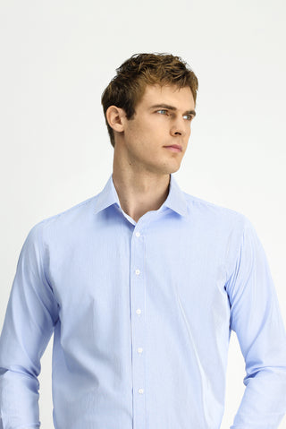  Açık Mavi Uzun Kol Klasik Çizgili Pamuklu Kolay Ütülenebilir Gömlek