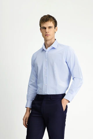  Açık Mavi Uzun Kol Klasik Çizgili Pamuklu Kolay Ütülenebilir Gömlek