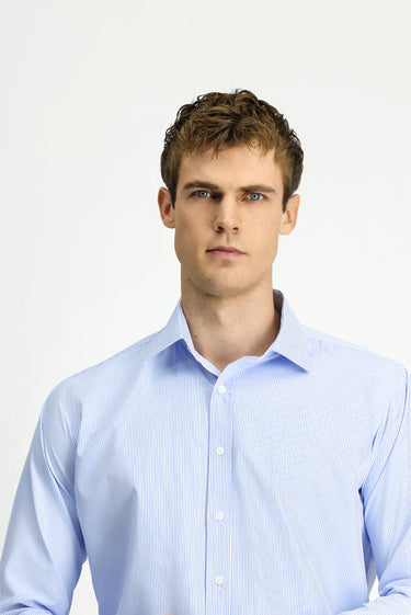 Açık Mavi Uzun Kol Klasik Çizgili Pamuklu Kolay Ütülenebilir Gömlek
