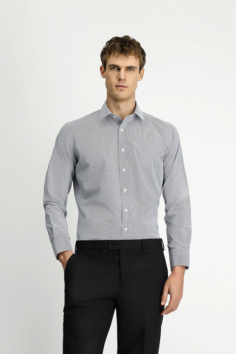 Açık Antrasit Uzun Kol Klasik Çizgili 4 Mevsim Pamuklu Kolay Ütülenebilir Gömlek