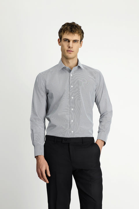 Açık Antrasit Uzun Kol Klasik Çizgili 4 Mevsim Pamuklu Kolay Ütülenebilir Gömlek