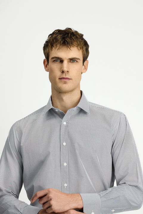 Açık Antrasit Uzun Kol Klasik Çizgili 4 Mevsim Pamuklu Kolay Ütülenebilir Gömlek