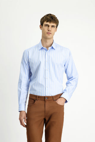  Açık Mavi Uzun Kol Klasik Çizgili Pamuk Gömlek