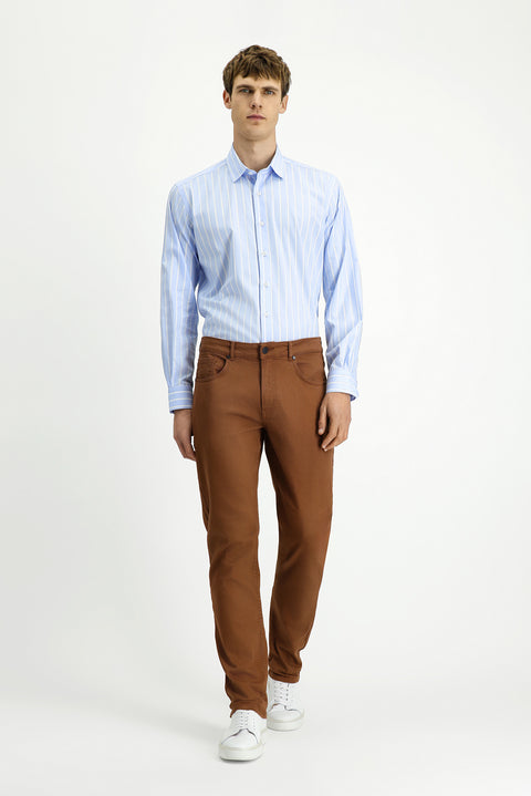 Açık Mavi Uzun Kol Klasik Çizgili Pamuk Gömlek