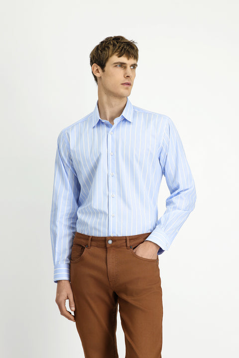 Açık Mavi Uzun Kol Klasik Çizgili Pamuk Gömlek