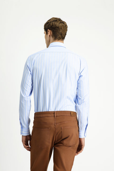 Açık Mavi Uzun Kol Klasik Çizgili Pamuk Gömlek
