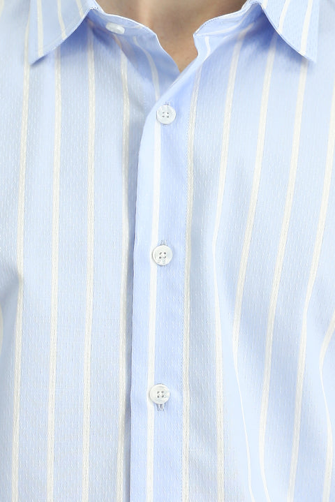 Açık Mavi Uzun Kol Klasik Çizgili Pamuk Gömlek