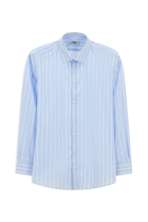 Açık Mavi Uzun Kol Klasik Çizgili Pamuk Gömlek