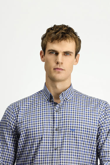  Koyu Mavi  Uzun Kol Regular Fit Ekose Düğmeli Yaka Cepli Pamuk Gömlek