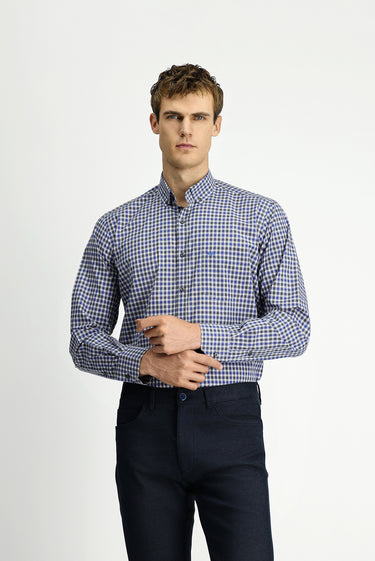  Koyu Mavi  Uzun Kol Regular Fit Ekose Düğmeli Yaka Cepli Pamuk Gömlek