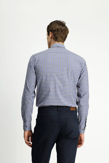 Koyu Mavi  Uzun Kol Regular Fit Ekose Düğmeli Yaka Cepli Pamuk Gömlek