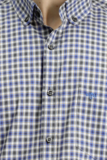 Koyu Mavi  Uzun Kol Regular Fit Ekose Düğmeli Yaka Cepli Pamuk Gömlek