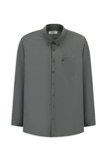  Orta Gri Uzun Kol Regular Fit Ekose Düğmeli Yaka Cepli Pamuk Gömlek