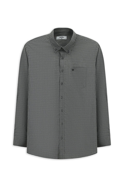 Orta Gri Uzun Kol Regular Fit Ekose Düğmeli Yaka Cepli Pamuk Gömlek