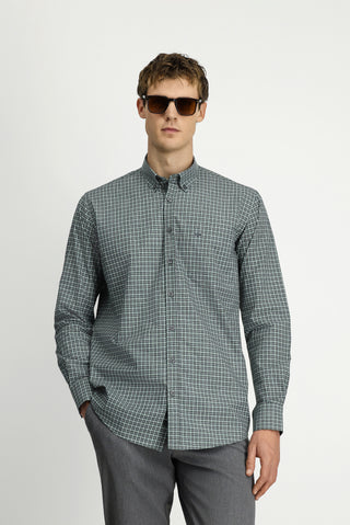  Çimen Yeşili Uzun Kol Regular Fit Ekose Düğmeli Yaka Cepli Pamuk Gömlek