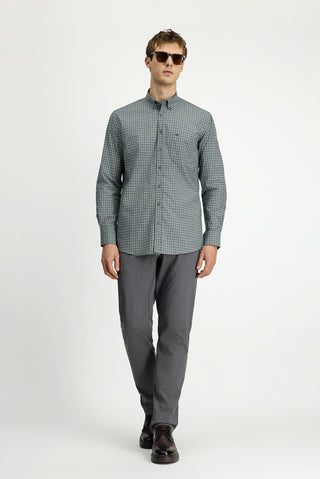  Çimen Yeşili Uzun Kol Regular Fit Ekose Düğmeli Yaka Cepli Pamuk Gömlek