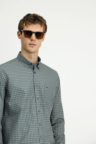  Çimen Yeşili Uzun Kol Regular Fit Ekose Düğmeli Yaka Cepli Pamuk Gömlek