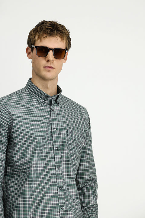 Çimen Yeşili Uzun Kol Regular Fit Ekose Düğmeli Yaka Cepli Pamuk Gömlek