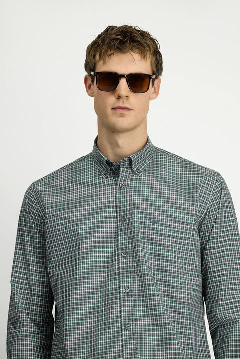 Çimen Yeşili Uzun Kol Regular Fit Ekose Düğmeli Yaka Cepli Pamuk Gömlek