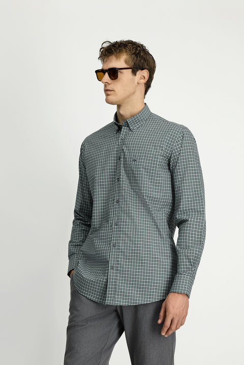 Çimen Yeşili Uzun Kol Regular Fit Ekose Düğmeli Yaka Cepli Pamuk Gömlek