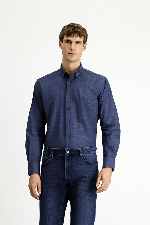 Orta Lacivert Uzun Kol Regular Fit Ekose Pamuk Gömlek