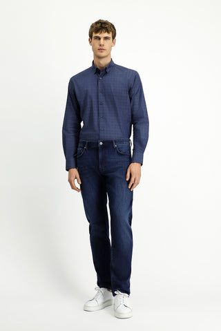  Orta Lacivert Uzun Kol Regular Fit Ekose Pamuk Gömlek