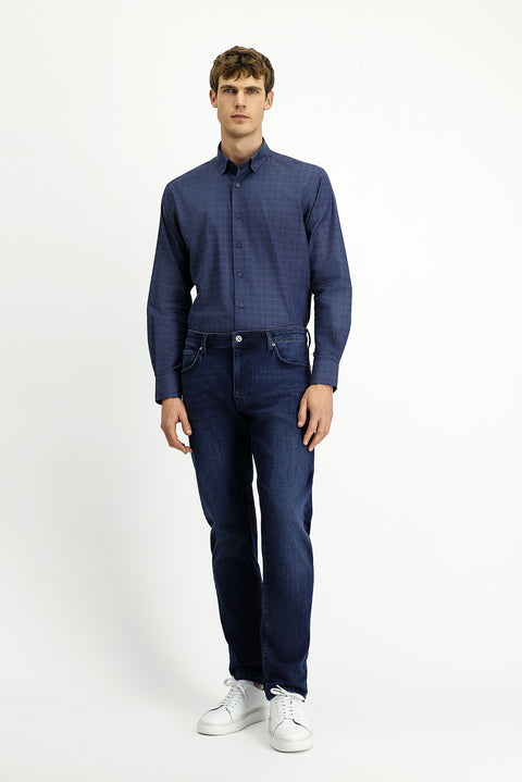 Orta Lacivert Uzun Kol Regular Fit Ekose Pamuk Gömlek