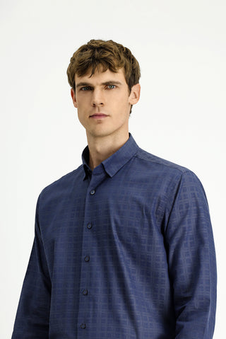  Orta Lacivert Uzun Kol Regular Fit Ekose Pamuk Gömlek