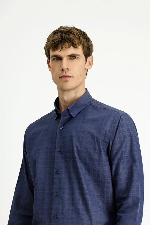 Orta Lacivert Uzun Kol Regular Fit Ekose Pamuk Gömlek