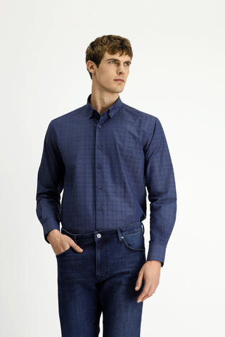  Orta Lacivert Uzun Kol Regular Fit Ekose Pamuk Gömlek
