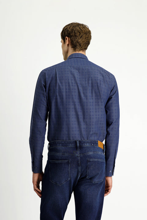 Orta Lacivert Uzun Kol Regular Fit Ekose Pamuk Gömlek