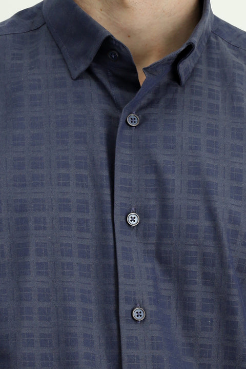 Orta Lacivert Uzun Kol Regular Fit Ekose Pamuk Gömlek