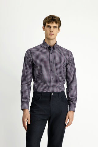  Koyu Bordo Uzun Kol Regular Fit Ekose Düğmeli Yaka Pamuk Gömlek