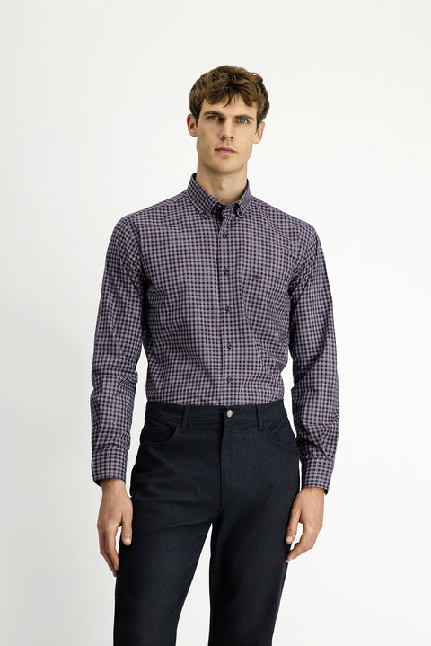 Koyu Bordo Uzun Kol Regular Fit Ekose Düğmeli Yaka Pamuk Gömlek