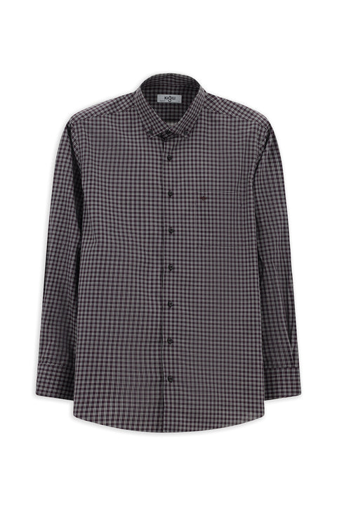 Koyu Bordo Uzun Kol Regular Fit Ekose Düğmeli Yaka Pamuk Gömlek