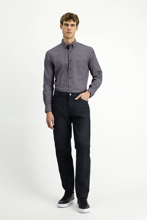 Koyu Bordo Uzun Kol Regular Fit Ekose Düğmeli Yaka Pamuk Gömlek