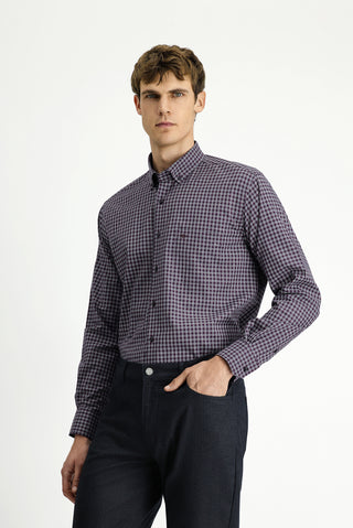  Koyu Bordo Uzun Kol Regular Fit Ekose Düğmeli Yaka Pamuk Gömlek