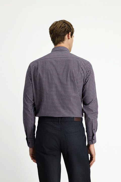 Koyu Bordo Uzun Kol Regular Fit Ekose Düğmeli Yaka Pamuk Gömlek